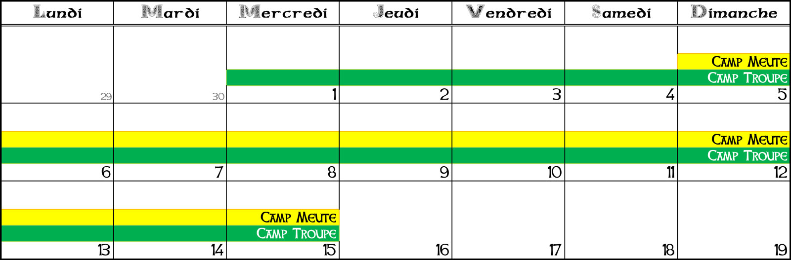 Calendrier Camp 2020